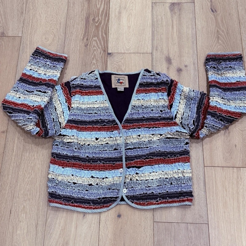 Vintage Don't Mess With Texas Ruffled Patchwork Rag Rug Cardigan Jacket L - Picture 5 of 11